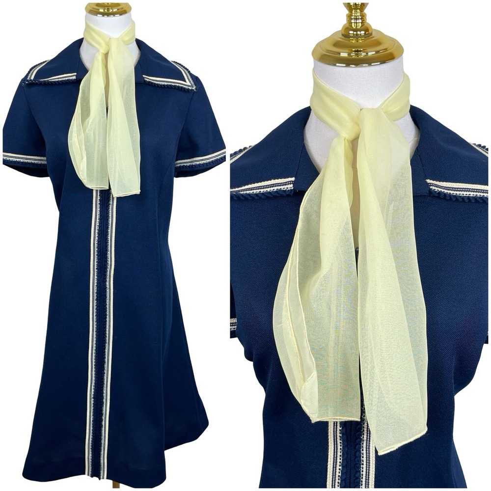 Amy Adams Vintage Sailor Dress Women M Navy Blue Mod 70s Knit Scarf Zip Front